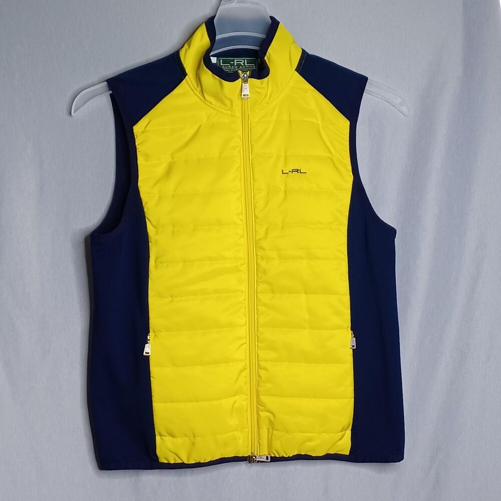 Lauren Ralph Lauren Vest Womens Large Yellow Navy Quilted Active Zip Pockets